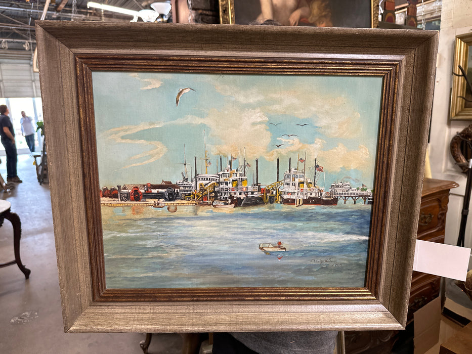 FRAMED OIL PAINTING OF A PORT BY MAUDE WATERS