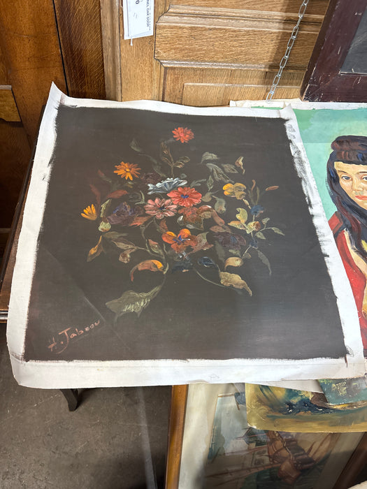 OIL PAINTING OF FLOWERS ON BLACK BACKGROUND - SIGNED