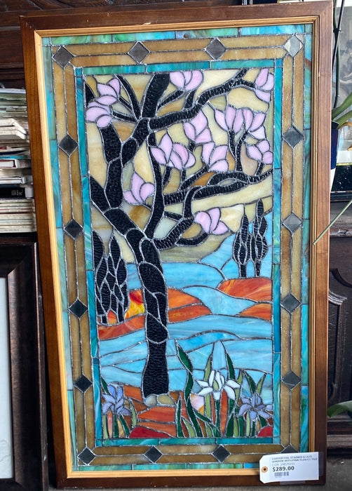 COPPER FOIL STAINED GLASS WINDOW WITH PINK FLOWER TREE