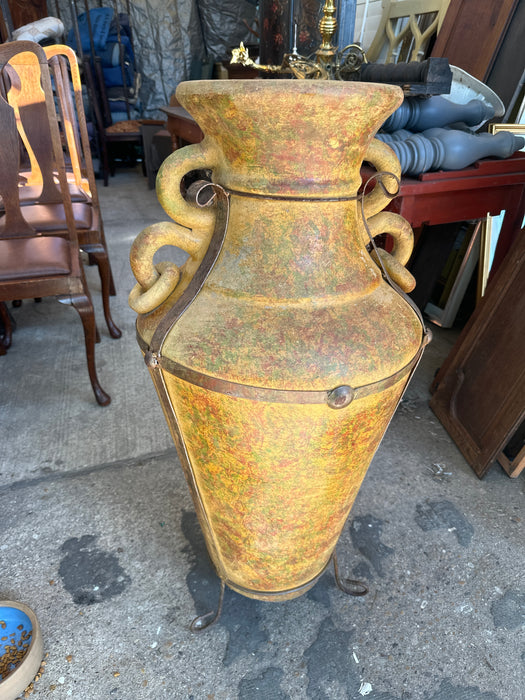 IRON WRAPPED TERRA COTTA TALL VASE