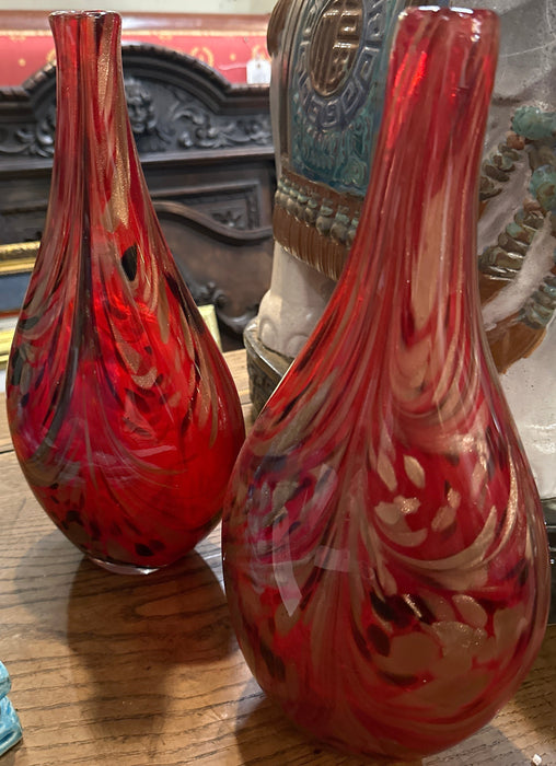 PAIR OF RED SWIRL ART GLASS VASES