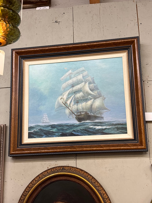 LARGE BURL FRAMED OIL PAINTING OF SAILING SHIP - SIGNED CAMBELL