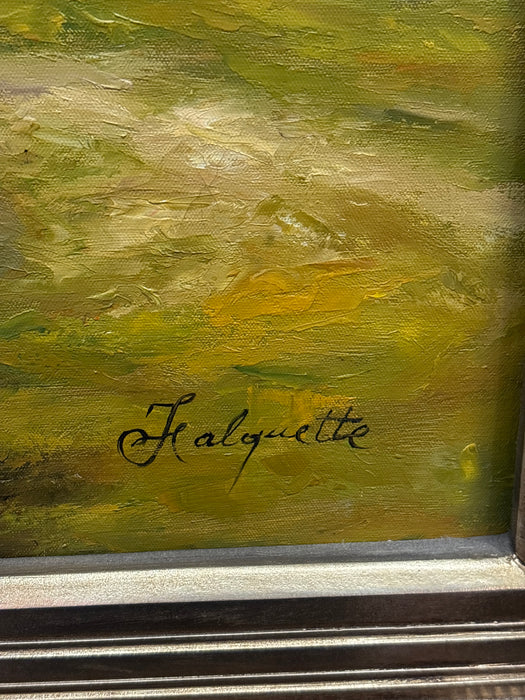 DARK GOLD FRAMED OIL ON CANVAS LANDSCAPE PAINTING WITH PEOPLE - SIGNED KALAQUETTE