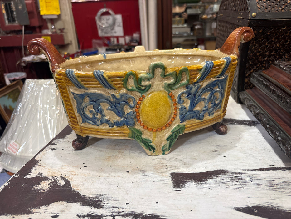 LARGE REPRODUCTION MAJOLICA YELLOW AND BLUE JARDINIERE WITH HANDLES