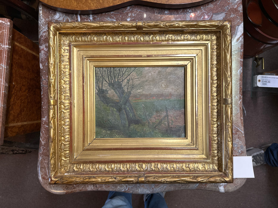 SMALL GILT FRAMED OIL PAINTING OF TREES BY A FIELD