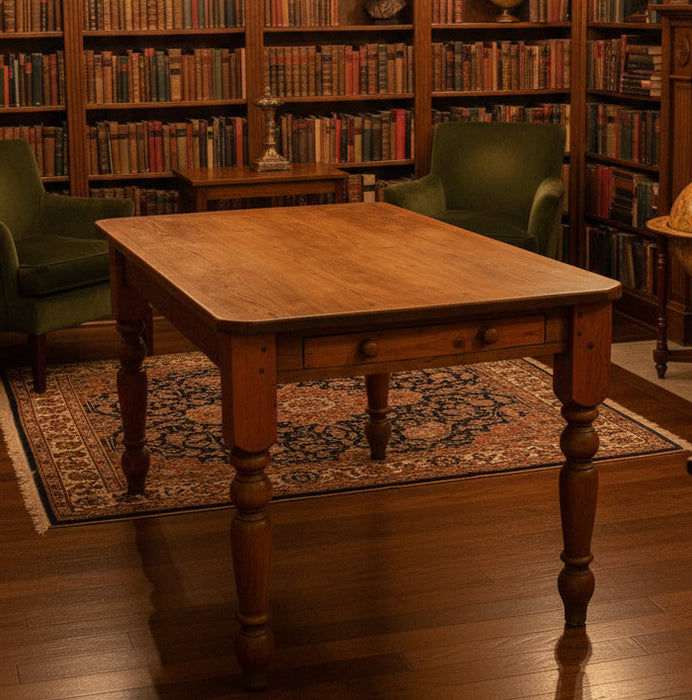PINE PEGGED TURNED LEG TABLE ENGLISH KITCHEN TABLE WITH DRAWER