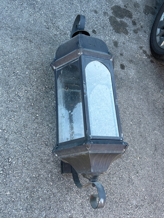 LARGE BLACK METAL AMD GLASS GAS WALL LANTERN