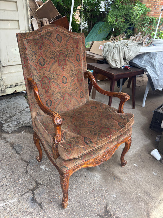 CARVED UPHOLSTERED ARM CHAIR - AS FOUND