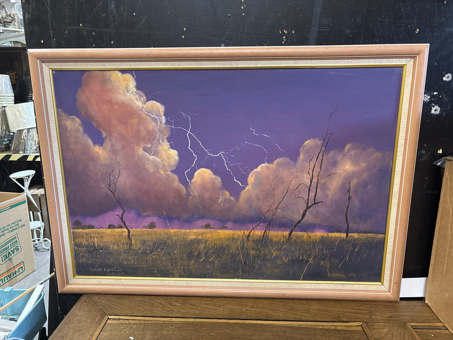 DUSK LIGHTNING STORM OIL PAINTING - SIGNED