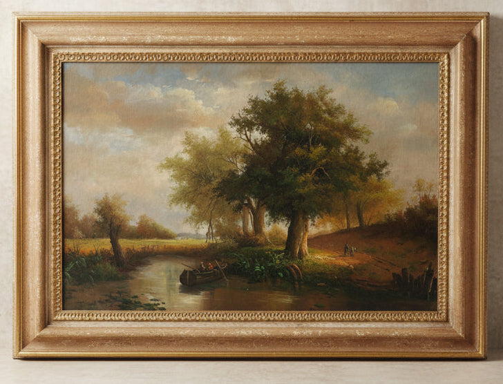 MEDIUM FRAMED LANDSCAPE OIL PAINTING WITH MOUNTAIN LAKE