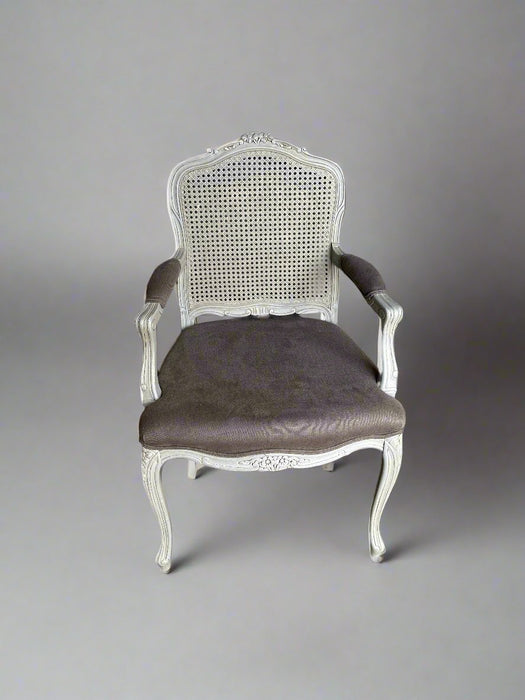 GREY LOUIS XV CARVED ARM CHAIR WITH CANED BACK