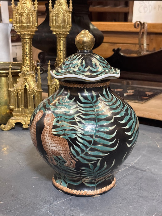 LARGE GREEN AND BLACK CHEETAH VASE WITH LID