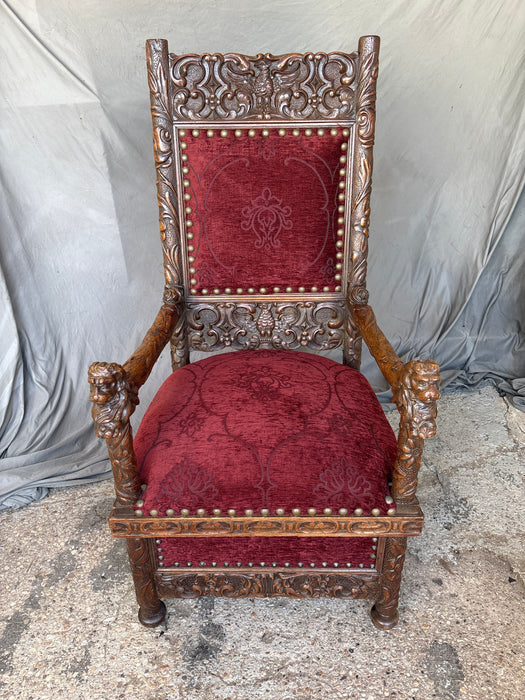 RED UPHOLSTERED LION AND EAGLE CARVED HIGH BACK THRONE CHAIR