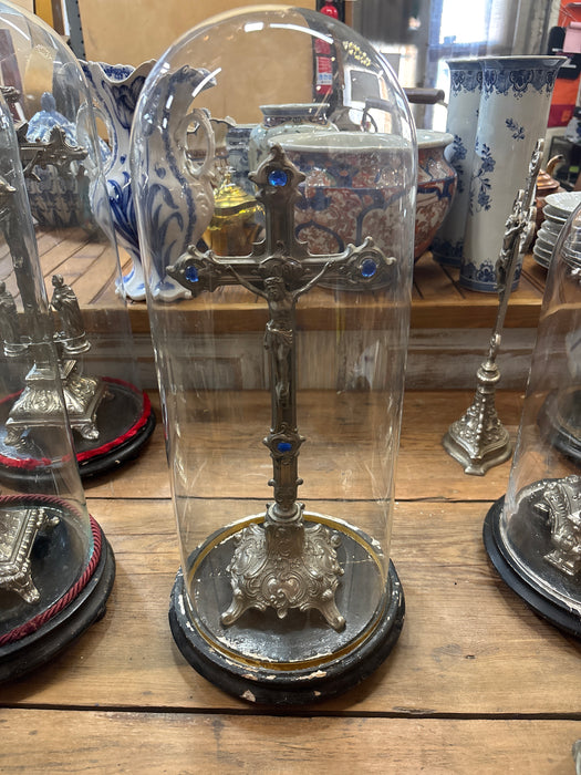 METAL CRUCIFIX WITH BLUE JEWELS UNDER DOME