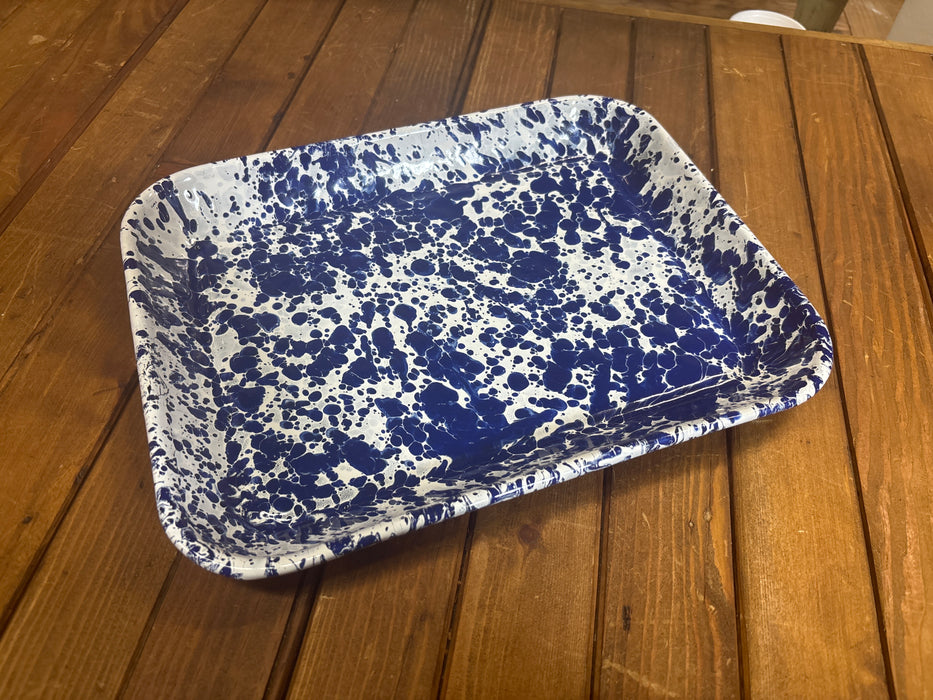 DARK BLUE AND WHITE SPLATTER WARE TRAY