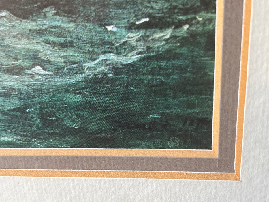 GOLD FRAMED IMPRESSIONIST PRINT OF MEN ON SAILBOAT - SIGNED WINSTON HOLMER