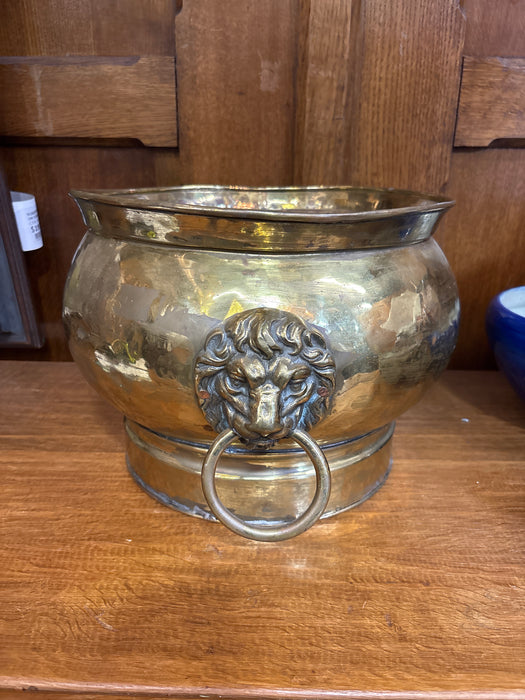 LARGE BRASS LION HEAD JARDINIERE