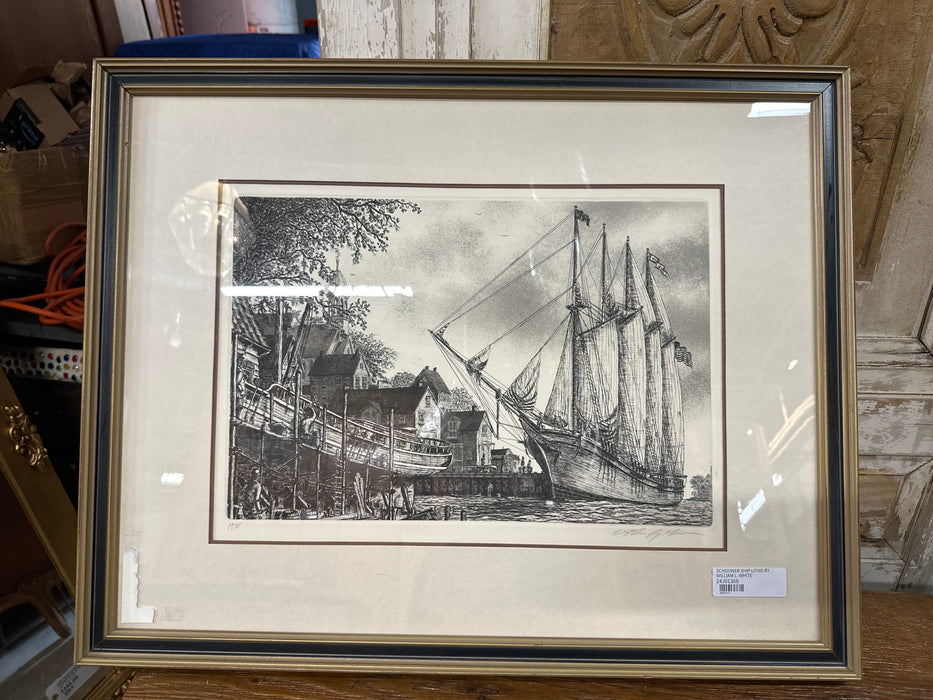 SCHOONER SHIP LITHO BY WILLIAM L. WHITE