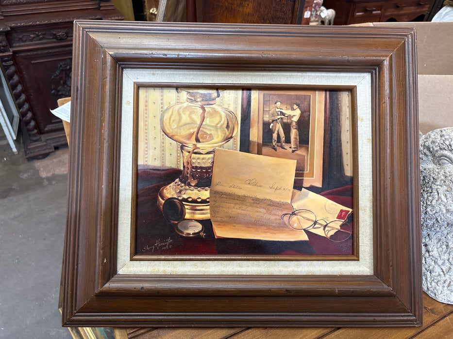 OIL PAINTING OF STILL LIFE DESK WITH GLASSES - SIGNED SHERRY HARRINGTON