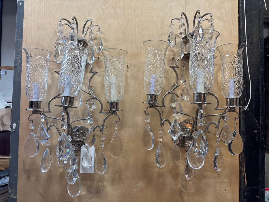 PAIR OF LARGE SILVER WALL SCONCES WITH PRISMS