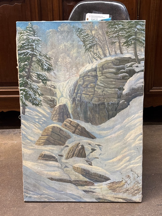 UNFRAMED WINTER FROZEN MOUNTAIN WATERFALL OIL PAINTING - SIGNED MC CLAIN