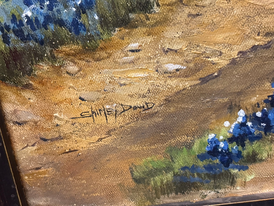 LARGE RESTORED FRAMED BLUE BONNET AND FARM HOUSE LANDSCAPE PAINTING - SIGNED SHIRLEY DOWD