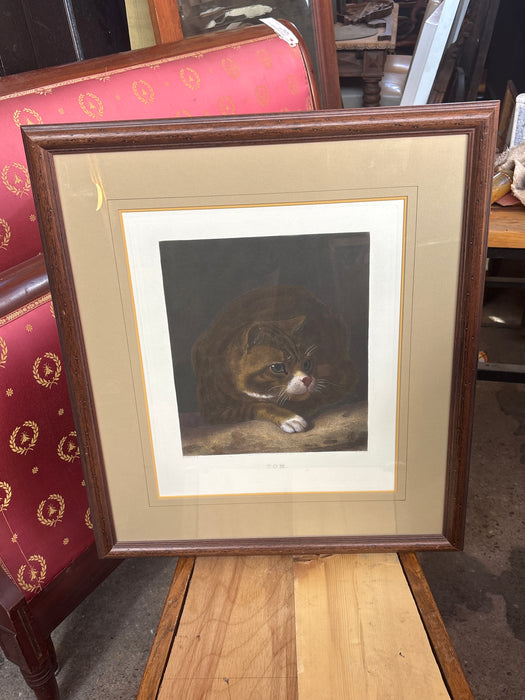 BROWN FRAMED COLORED ETCHING OF TOM THE CAT - SIGNED
