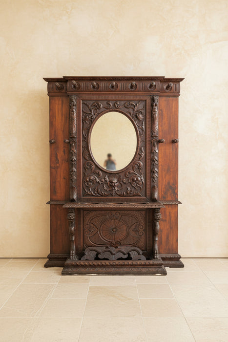 CARVED HALL TREE OVAL MIRROR