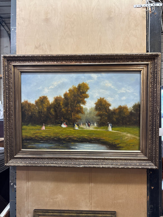 DARK GOLD FRAMED OIL ON CANVAS LANDSCAPE PAINTING WITH PEOPLE - SIGNED KALAQUETTE