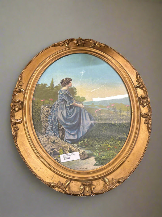 OVAL GOLD FRAME WITH PENSIVE YOUNG LADY PRINT