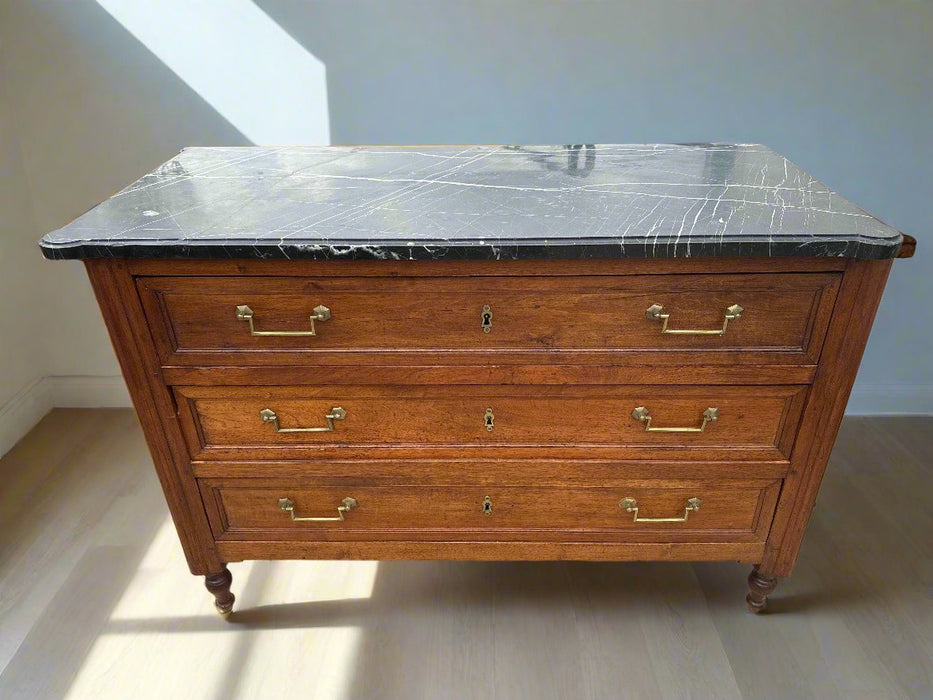 LOUIS XVI BLACK MARBLE TOP PEGGED CHEST WITH AS FOUND VEINED MABRLE