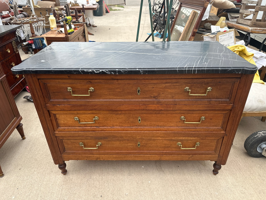 LOUIS XVI BLACK MARBLE TOP PEGGED CHEST WITH AS FOUND VEINED MABRLE