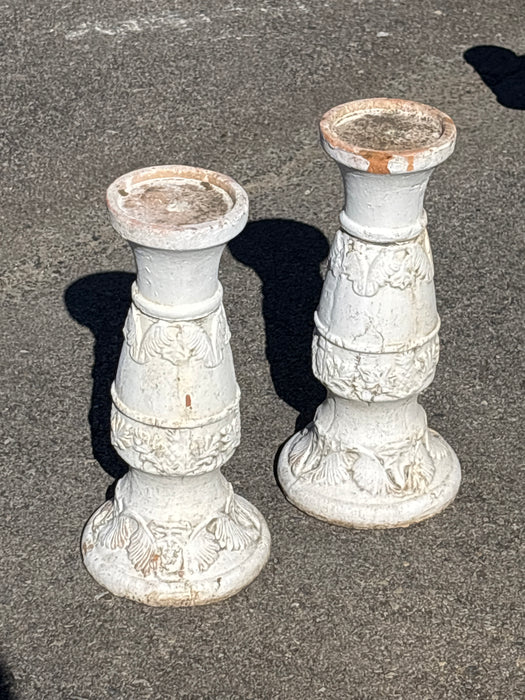 PAIR OF WHITE TERRACOTTA CANDLE STANDS