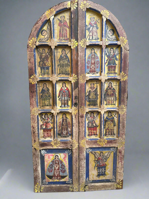 ARCHED MULLIONED WINDOW FRAME WITH INDIVIDUAL PAINTINGS OF SAINTS