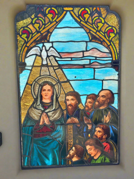 MARY WITH SAINTS AND DOVE PENTECOST LARGE VERTICAL STAINED GLASS 3 WINDOW SET
