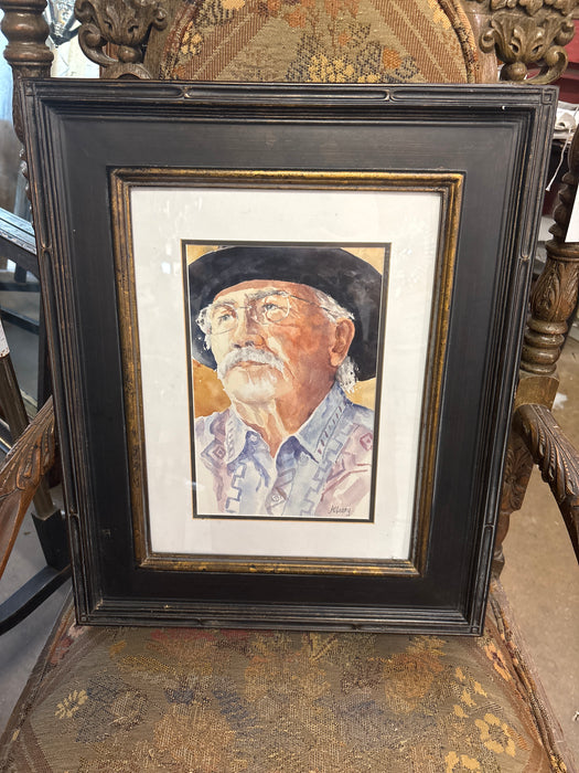 BLACK FRAMED WATERCOLOR OF MAN - SIGNED AO'LEARY