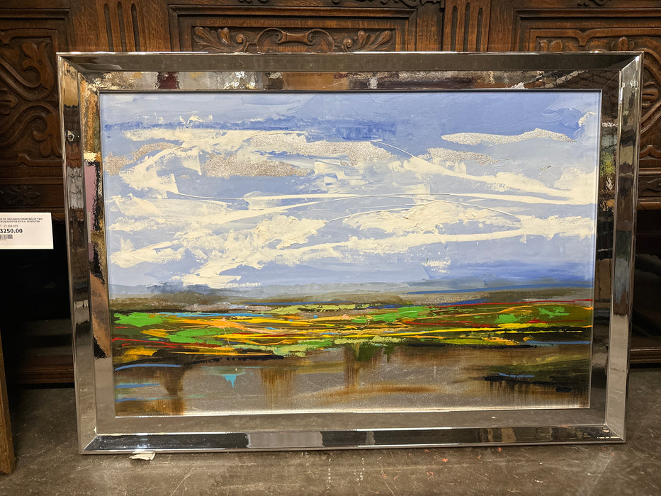 SILVER FRAMED OIL ON CANVAS PAINTING OF COLORFUL LANDSCAPE, SIGNED