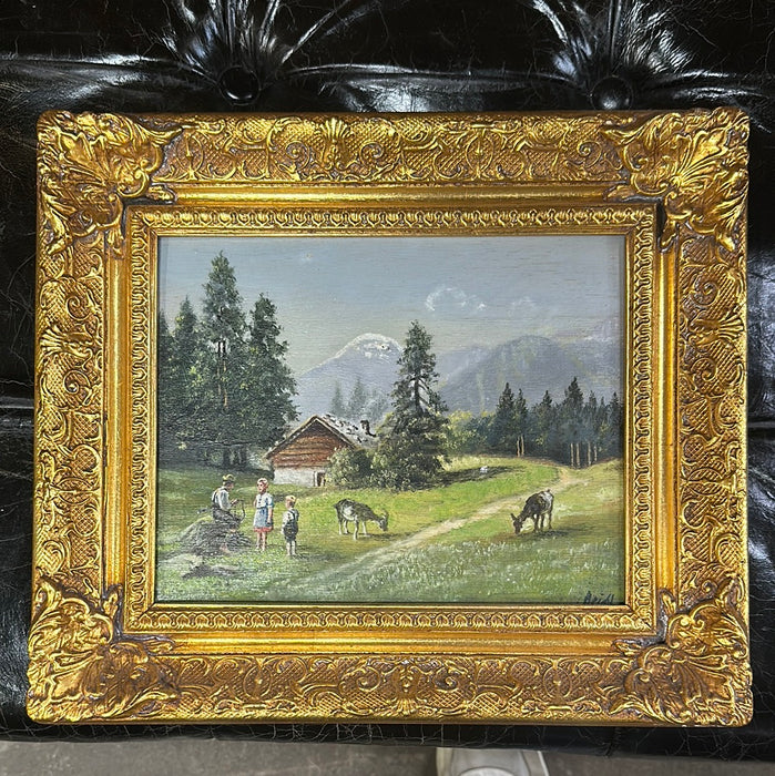 SMALL FRAMED LANDSCAPE OIL PAINTING WITH CHILDREN