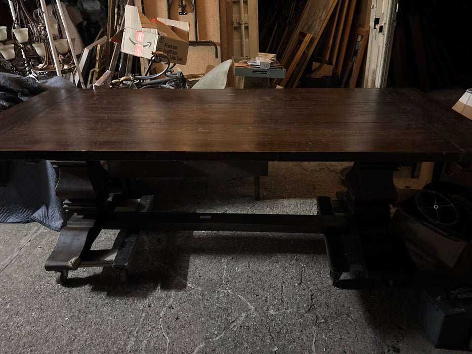 LARGE RUSTIC PINE TRESTLE TABLE WITH AUXILLARY LEAVES