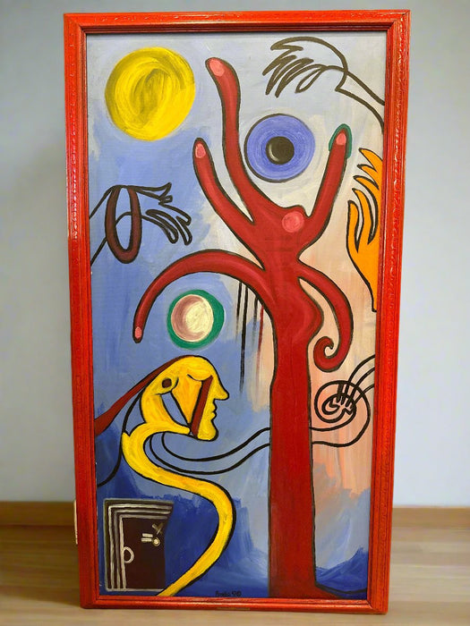 RED FRAMED CRYING YELLOW MAN AND RED TREE ABSTRACT OIL PAINTING ON CANVAS - SIGNED AMELIA SHIPMAN