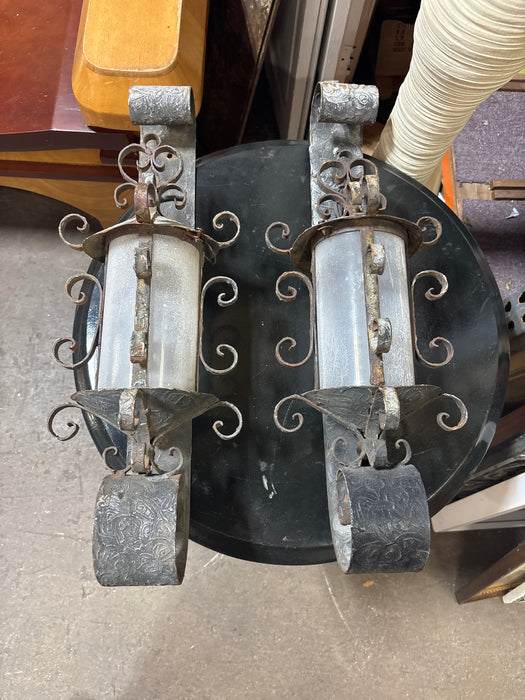 PAIR OF ORNATE OUTDOOR SCONCES WITH CRACKLE GLASS