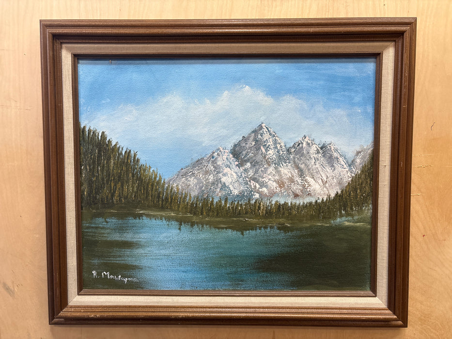 FRAMED OIL PAINTING OF MOUNTAINS AND LAKE - SIGNED
