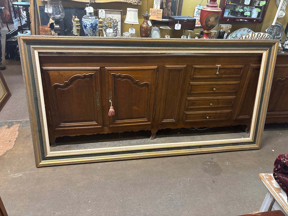 HUGE ORNATE GOLD AND GREEN WOOD FRAME WITH LINEN FILET