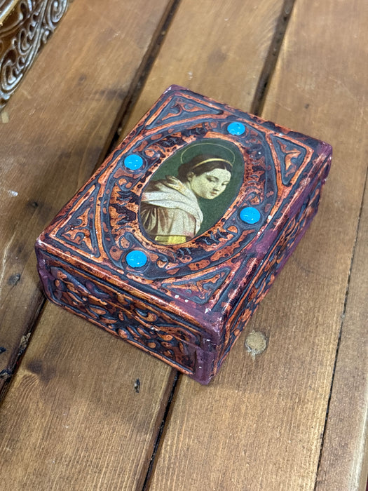 SMALL RED FLORENTINE BOX WITH BLUE BEADS