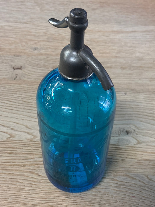 ETCHED BLUE GLASS SELTZER BOTTLE
