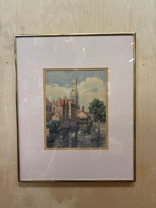 THIN GOLD METAL FRAMED COLORED PRINT OF SWANS IN CANAL - SIGNED