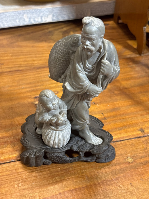 CHINESE GRAY MARBLE FATHER AND SON FISHERMEN ON BLACK BASE