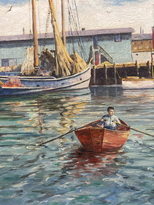 WOOD FRAMED OIL PAINTING OF HARBOR SCENE WITH BOY ROWING BOAT - SIGNED ARTHUR LEPIN 1952