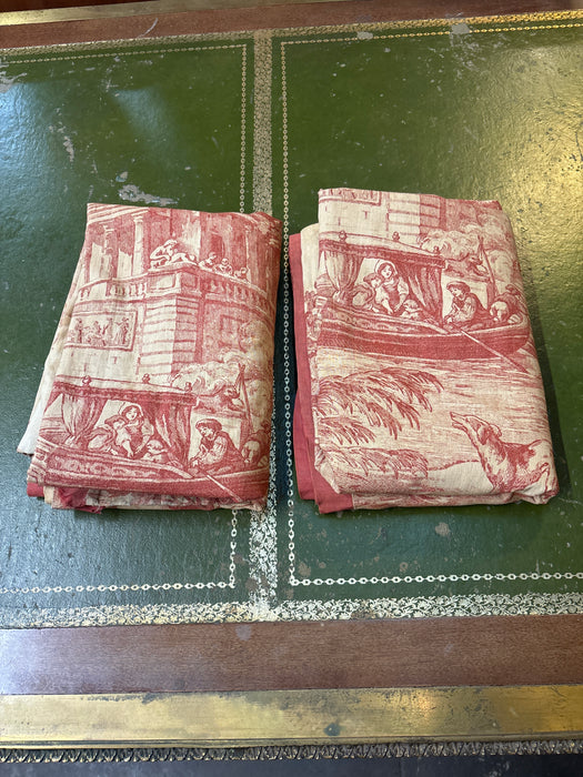 PAIR OF RED PEOPLE ON BOAT NEAR ROMAN RUINS TOILE FABRIC - ONE PANEL STAINED