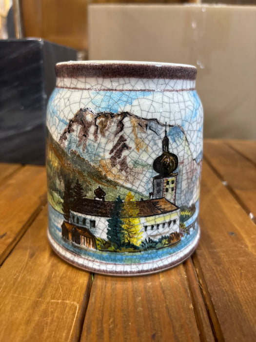 LARGE PAINTED PAINTED MUG OF LAKE HOUSE NEAR MOUNTAINS